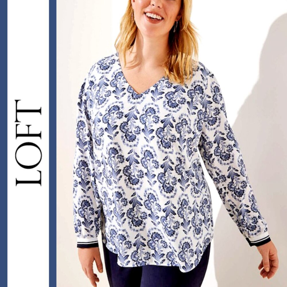Loft | 'Delft' Floral Printed V-Neck Blouse Top